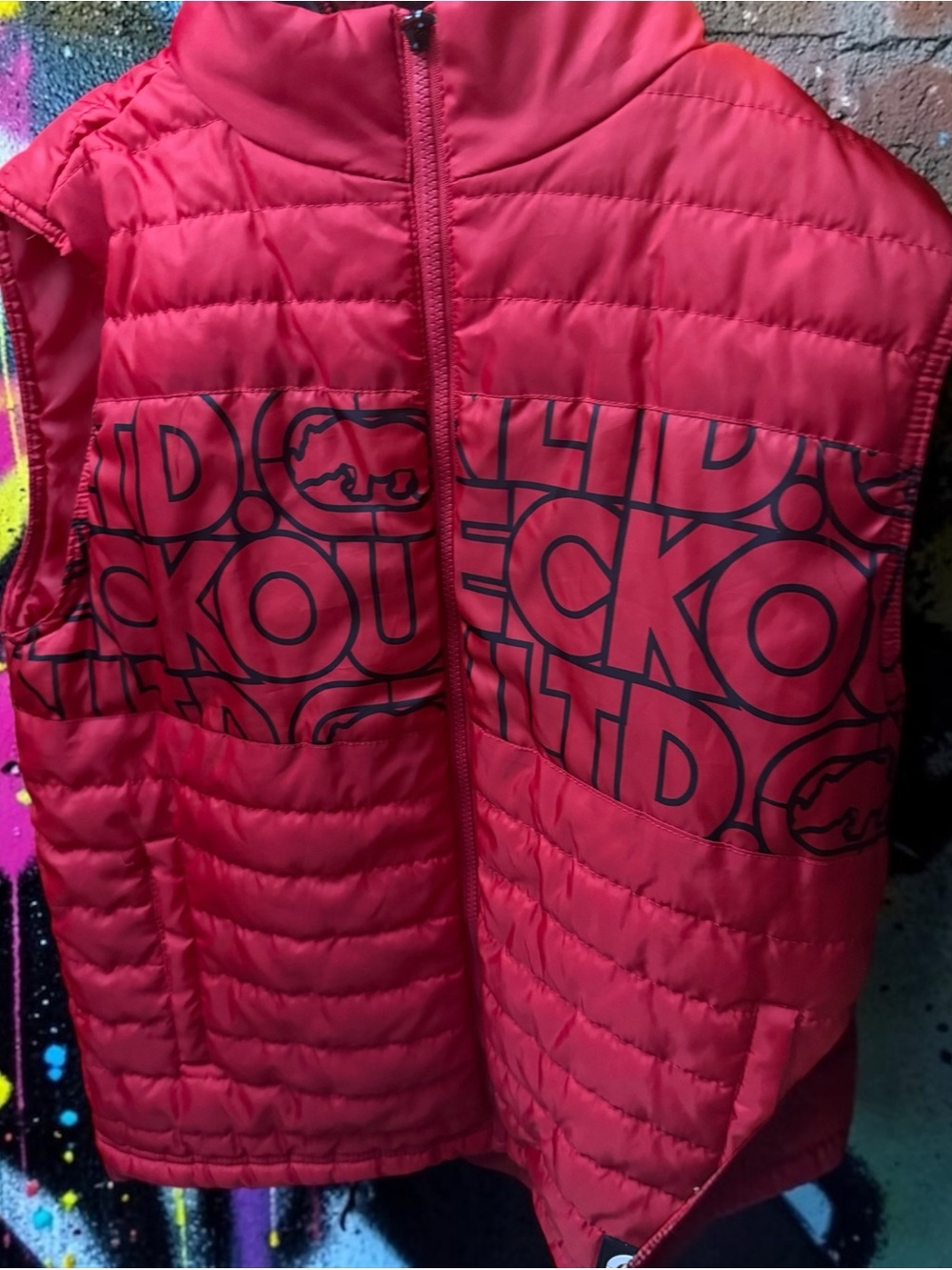 Red Graphic Puffer Vest with Ecko Pattern Y2K